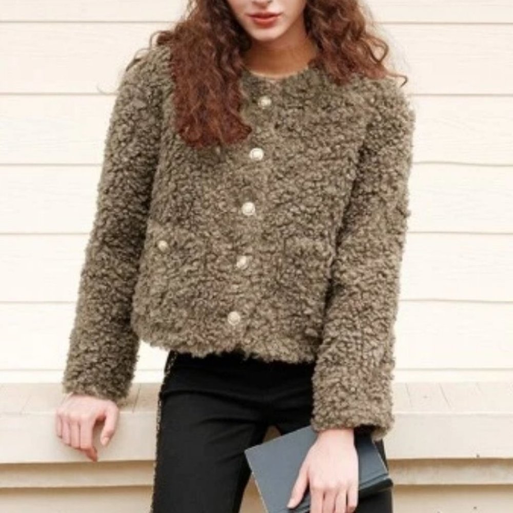 Brown Teddy faux fur Button Down with Pockets Jacket Coat - Picture 2 of 7